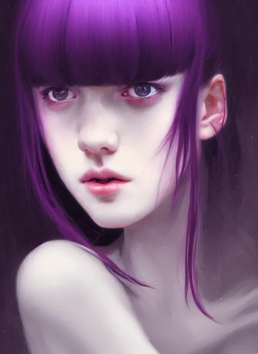 Image similar to portrait of teenage girl, red irises, bangs, black hair, black and white hair, white bangs, purple clothes, white bangs, bangs, black hair and white bangs, intricate, elegant, glowing lights, highly detailed, digital painting, artstation, concept art, smooth, sharp focus, illustration, art by wlop, mars ravelo and greg rutkowski