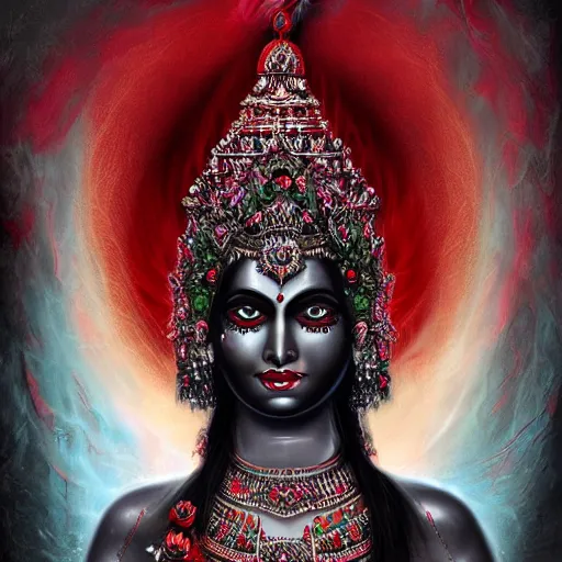 Prompt: beautiful Hindu goddess of the dark with veil, in darkness, cover with a lot of red water, horror terrifying, surreal realistic, hyper details, full HD, 8k!