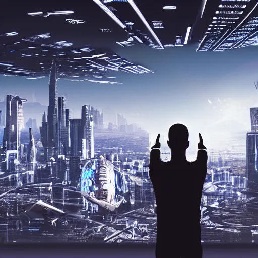 Image similar to detailed futuristic world, man waving goodbye to group of people, (cryptocurrency in background)