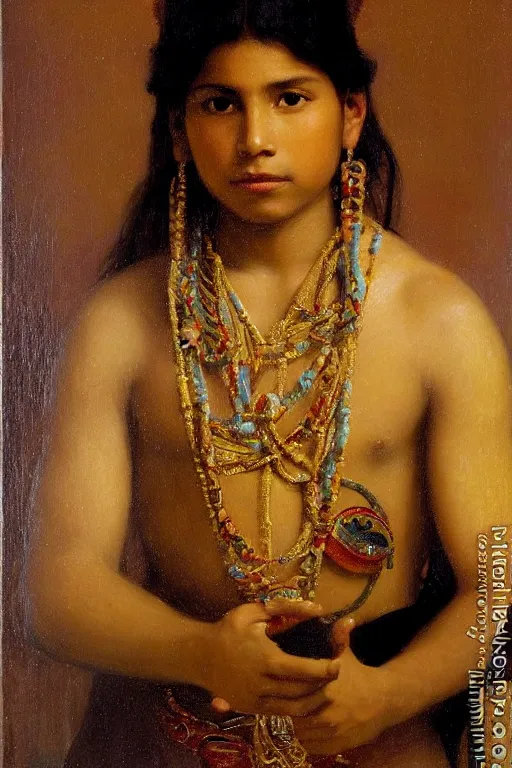 Image similar to portrait of a peruvian young inca prince covered with gold, bouguereau