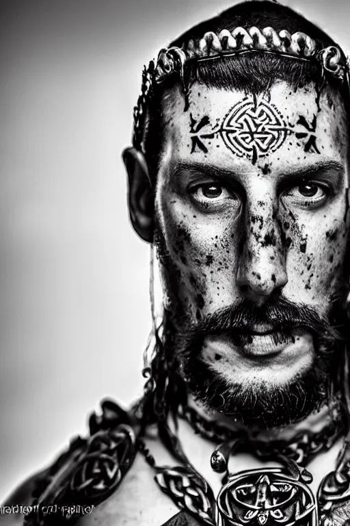 Prompt: a cinematic view of wide bw photo from a very ornated old adam sandler viking, shaved haircut, mexican mustache, showing celtic tattoos in the head, using leather armour with necklace of bones, naughty expression, photorealistic, volummetric light, depth of field, detailed, texturized, zeiss lens high professional mode