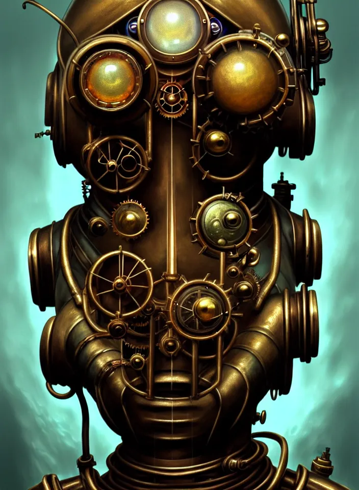 Prompt: symmetry!! close face portrait of a steampunk robot from bioshock, vintage, bronze metal!! underwater atmosphere, intricate, serene, highly detailed, digital painting, artstation, symmetric concept art, smooth, sharp focus, illustration, art by artgerm and greg rutkowski and alphonse mucha, 8 k