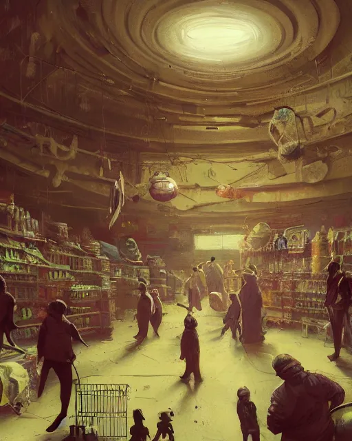 Prompt: a highly detailed cinematic concept art CG render digital painting of spherical people at a decayed grocery store surrounded by dark figures. triadic color scheme, By Greg Rutkowski, in the style of Francis Bacon and Syd Mead and Edward Hopper and Norman Rockwell and Beksinski, open ceiling, highly detailed, painted by Francis Bacon, painted by James Gilleard, surrealism, airbrush, Ilya Kuvshinov, WLOP, Stanley Artgerm, very coherent, art by Takato Yamamoto and James Jean