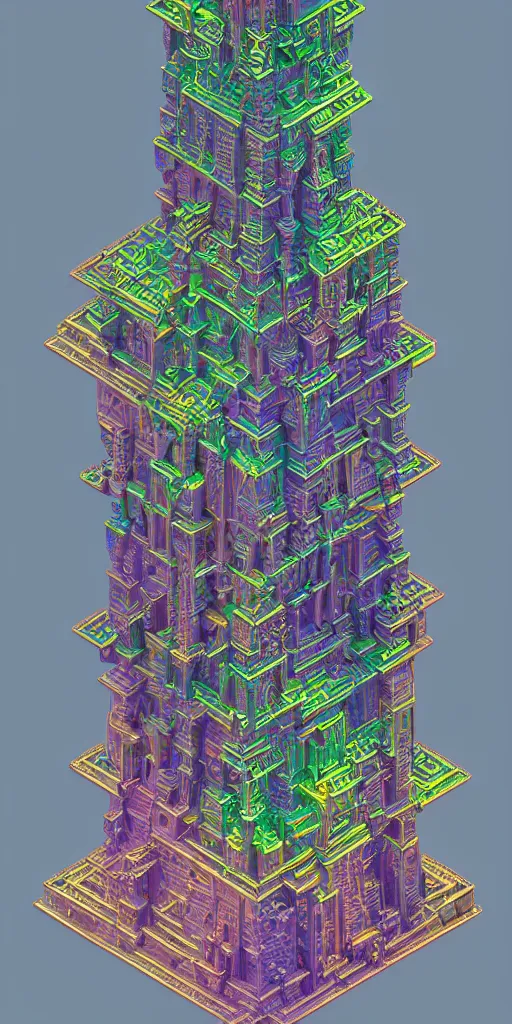 Prompt: photographic isometric bringer of glowing light and life, mystical, intricate #voxelart ornamental #magica voxel oriental tarot tower floral flourishes, technology meets fantasy, glass, copper, steel, emerald, diamond, amethyst, glass, map, infographic, poster, concept art, octane, 8k insane detail, fine detail, intricate detail, style of monument valley, wes anderson