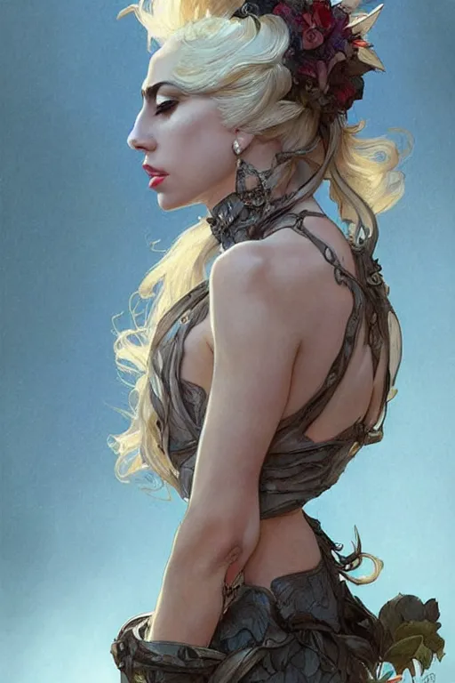 Image similar to beautiful cottagecore lady gaga, intricate, swagger, highly detailed, digital painting, artstation, concept art, smooth, sharp, focus, illustration, art by artgerm and greg rutkowski and alphonse mucha