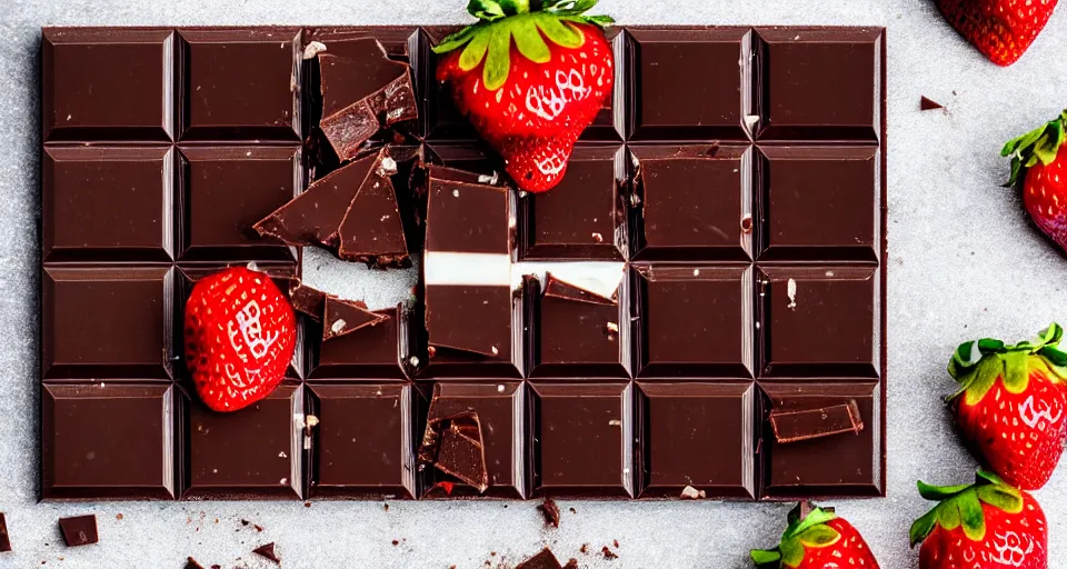 Image similar to A gourmet dark chocolate bar with a piece broken off, on an opened silver wrapper, next to sliced strawberries, on a wooden tray, macro lens product photo