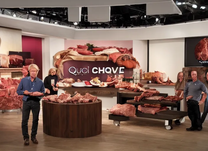 Prompt: qvc tv show product showcase pile of nasty meat men flesh, studio lighting, limited time offer, graphics $ 9 9 call now