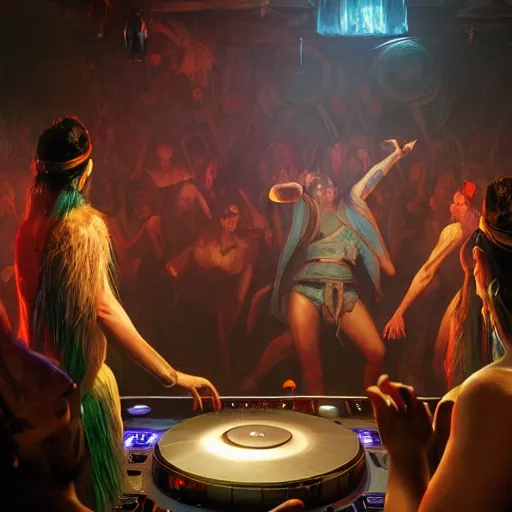 Prompt: a shaman dj in nightclub, people dancing in background, anatomy, bathed in light, highly detailed, photorealistic, artstation, smooth, sharp focus, illustration, unreal engine 5, 8 k, art by artgerm and greg rutkowski and edgar maxence