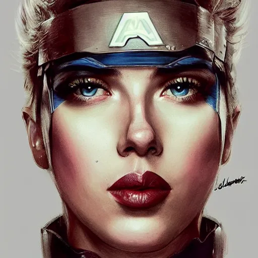 Image similar to captain america played by by scarlett johansson wearing atompunk outfit, face portrait, hd shot, digital portrait, elegant, beautiful, fantasy art, artstation, comic style, by artgerm, guy denning, jakub rozalski, magali villeneuve and charlie bowater