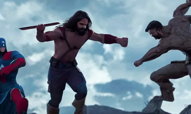 Image similar to jesus christ fighting alongside the avengers, using his cross as weapon, photorealistic, cinematic lighting, extremely detailed, marvel cinematic universe