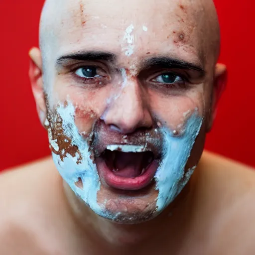 Image similar to close up photo of a bald crimean man with yoghurt on his face