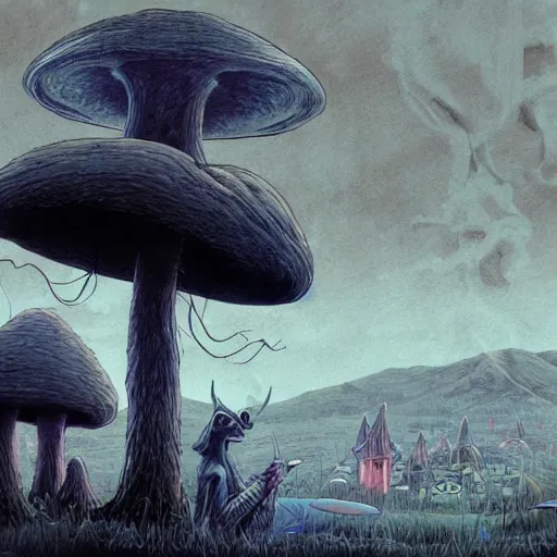 Image similar to a centered chest up portrait of a psychedelic demonic anthropomorphic windigo smoking a hand - rolled cigarette smoking heavily, magic mushroom village in background. award winning. superb resolution. in the art style of junji ito and greg rutkowski. detailed mushroom city in background. hyper realistic anime. perfect art. dalle 2