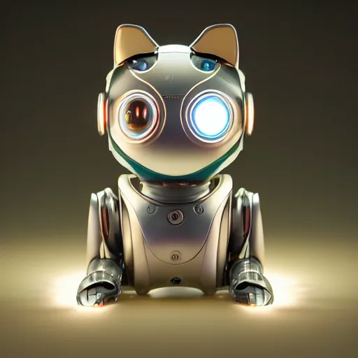 Image similar to product photo of a futuristic stylized pet robot, kitten puppy teddy mix, super cute robot face, awww, by artgerm and greg rutkowski and marc newson, alphonse mucha, zaha hadid,, volumetric light, detailed, octane render, midsommar