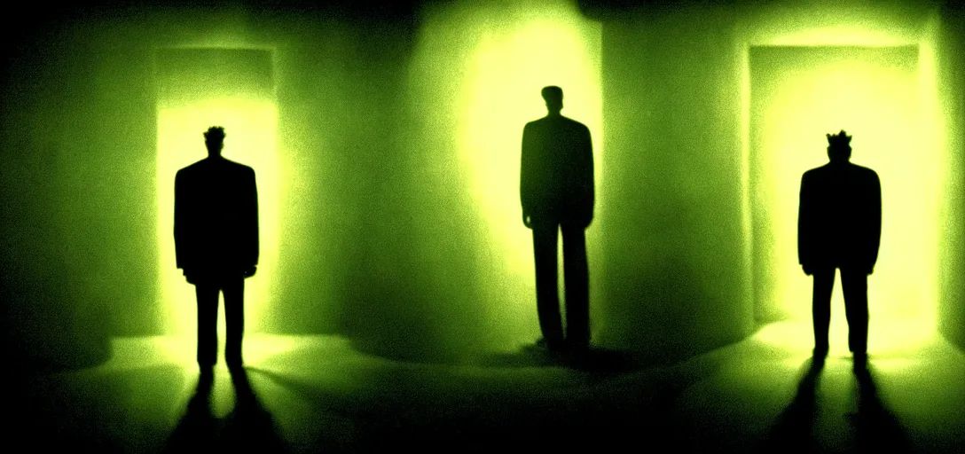 Prompt: beautiful film still : : best picture winner at academy awards : : david lynch film : : a lone creepy monster appears in the darkness : : a dream within a dream : : originally shot on anamorphic film : : volumetric lighting