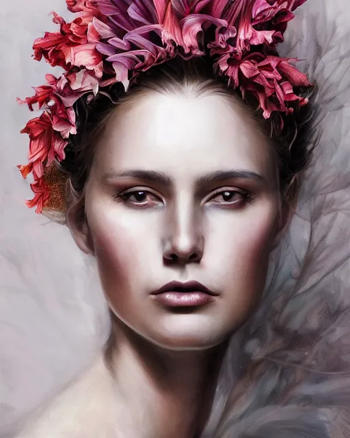 Prompt: portrait of a gorgeous young gladioli queen, uniquely beautiful, surreal, fantasy, ornamental, intricate, elegant, dramatic lighting, emotionally evoking symbolic metaphor, highly detailed, lifelike, photorealistic, digital painting, artstation, concept art, smooth, sharp focus, illustration, art by John Collier and Krenz Cushart and Artem Demura and Alphonse Mucha and Albert Aublet