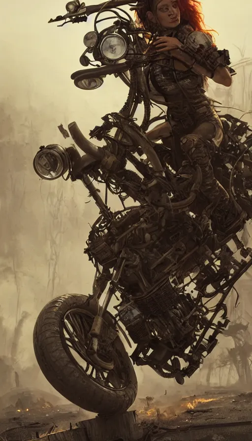 Image similar to post apocalyptic, biker with helmet in front of crashed airplane burning, photorealistic, ultra realistic, concept art, intricate details, photorealistic, octane render, 8 k, unreal engine. retro film still, heavy grain, 3 5 mm, art by artgerm and greg rutkowski and alphonse mucha