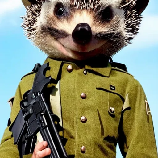 Prompt: still image of an anthropomorphic hedgehog soldier wearing military gear, the hedgehog is holding a rifle, photo