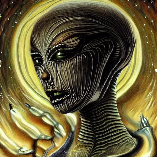 Image similar to portrait of a beautiful woman, alien, high detail, painting by hr giger