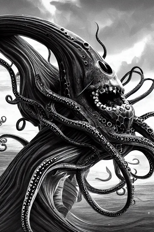 Image similar to black and white, sea enemies, extra teeth, tentacles, highly detailed, digital painting, artstation, concept art, sharp focus, illustration, unreal engine 5, 8 k