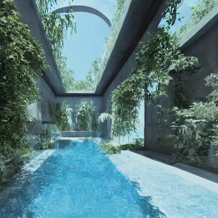 Image similar to a room with a pool in the middle of it, a digital rendering by ricardo bofill, featured on cg society, hypermodernism, vray tracing, rendered in unreal engine, liminal space