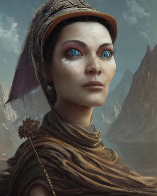 Prompt: a highly detailed matte painting closeup portrait of a female andromedan, in the style of greg rutkowski and remedios varo, ultra realistic