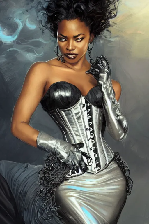 Image similar to cute black woman wearing a silver chrome corset dress, fantasy, intricate, highly detailed, digital painting, artstation, concept art, wallpaper, smooth, sharp focus, illustration, swirling energy, art by artgerm and greg rutkowski and alphonse mucha