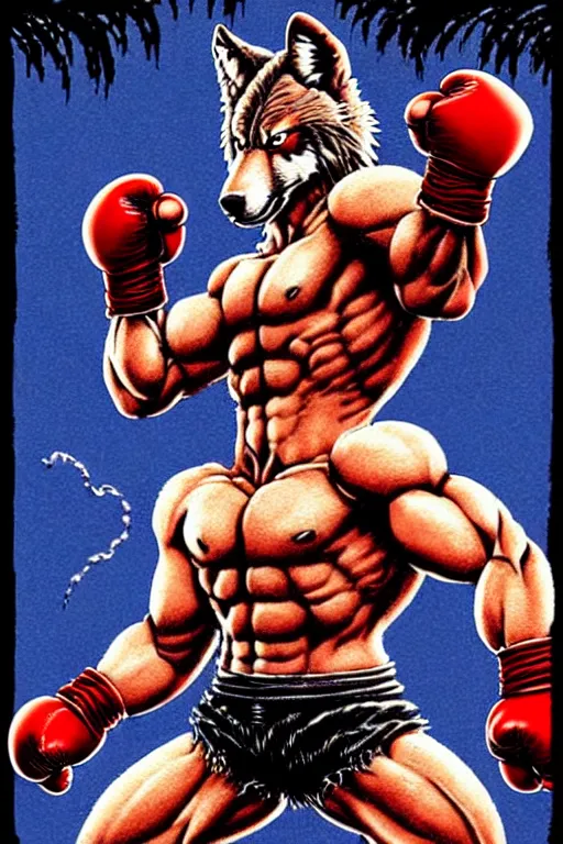 Prompt: extreme long shot. 8 bit nes graphics. antropomorphic muscular masculine wolf. kickboxer fighter, in shorts. wolf head. fine details, very sharp, art from nes game cartridge, 8 0's, vhs artefacts, vaporwave style, marc simonetti and hermann nitsch. contra