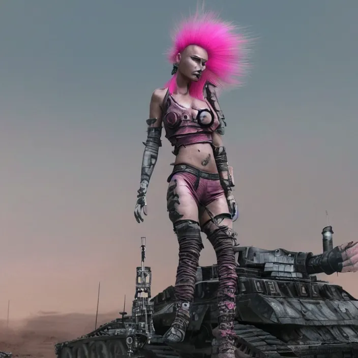 Image similar to realistic beautiful apocalyptic woman with pink Mohawk, standing on mad max panzer tank, 4k ultra hd, fantasy dark art, tank girl, artstation, octane render