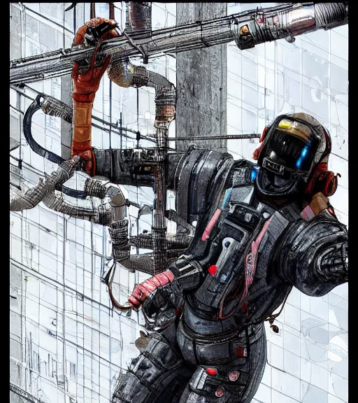 Image similar to realistic cyberpunk japanese engineer with long limbs and a black spacesuit welding a wall, techwear, dead space, visible face, Industrial Scifi, detailed illustration, character portrait, by Martin Grip and Moebius