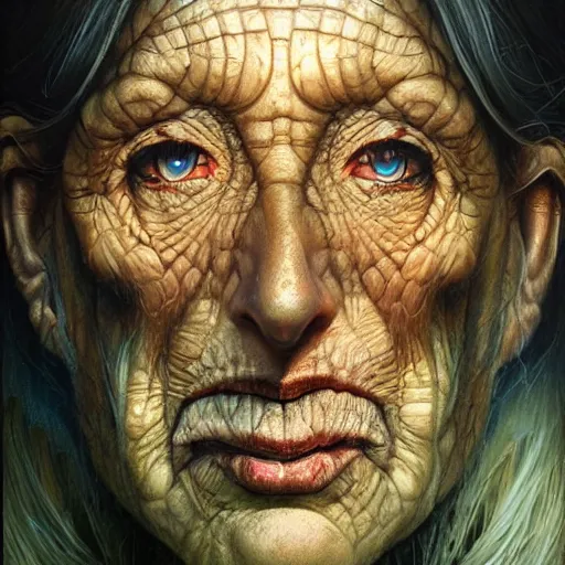 Prompt: a hyperrealistic acrylic portrait painting of baba - yaga by artgerm, beksinski and thomas kinkade. intricate details. believable eyes. front on, symmetrical. epic fantasy art.