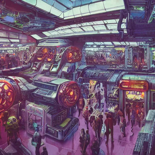 Image similar to highly detailed crowded used future shopping mall, robots humans and extraterrestrials, on a crowded space station, jim henson creature shop, 1 9 8 0 s science fiction, 1 9 7 0 s science fiction, alien 1 9 7 9, cyberpunk, 3 d oil painting, depth perception, 4 k, artstation