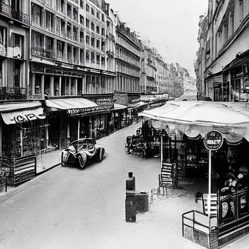 Prompt: une rue de paris vide avec des voitures garees, un restaurant avec une terrasse, des boutiques avec des neons, en debut de matinee en 1 9 3 0