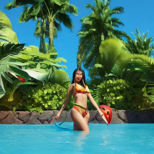 Image similar to pool party Akali catching the Hawaiian sun (League of Legends). 3d render, octane render, iRay, ray tracing, realistic, highly detailed, trending on artstation, 4k, cgsociety, unreal engine 5, redshift render, blender cycles, behance, cg