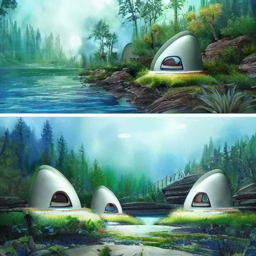 Image similar to beautiful happy picturesque charming sci - fi organic pod - like homes of the future in a beautiful natural scene. water, trees and rocks. beautiful light. soft colour scheme. beautiful artistic detailed watercolor by lurid. ( 2 0 2 2 )