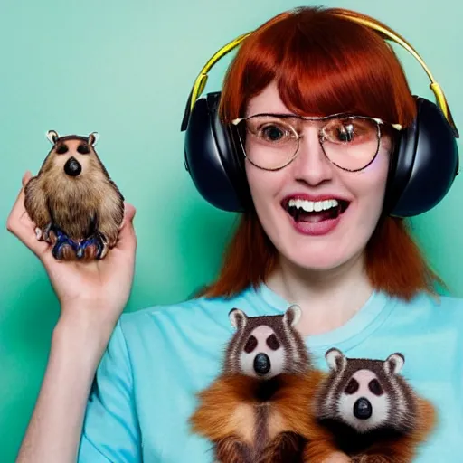 Image similar to a stunning hyper-detailed portrait photo of a beautiful smiling bespectacled woman with long auburn hair and bangs, wearing a tie-dye t-shirt, wearing steampunk headphones and posing with her raccoons and parrots in an overstuffed easy chair in her sunlit living room, holding a coffee cup and a donut and smoking an elaborate hookah, perfect eyes, octane render, unreal engine, 85 mm lens,