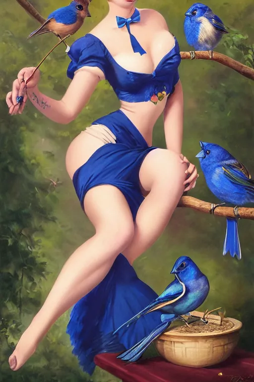 Image similar to pinup girl holding an indigo bunting, bird, the bird is wearing a bowtie by greg rutkowski, rossdraws, gil elvgren, enoch bolles, anime, porcelain skin, glistening, very coherent, hyper realistic painting