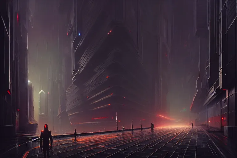 Image similar to gigantic cyberpunk megastructure, sidewalk, size comparsion, night, dramatic lighting, chiaroscuro, high detail, painted by greg rutkowski, painted by igor kieryluk, painted by raymond swanland, trending on artstation