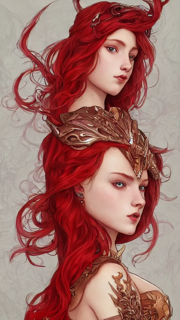 Image similar to a singular beautiful young princess who is a fire wizard with fire red hair and freckles. she is wearing red dragon armor with an exposed midriff. an intricate illustration that is a highly detailed digital painting. concept art by artgerm with border and embellishments inspired by alphonse mucha. her face is inspired by therarda art.
