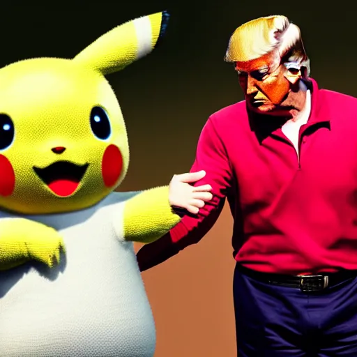 Image similar to a hyper realistic digital still of Donald Trump and Pikachu high fiving , 8k, realistic photo,