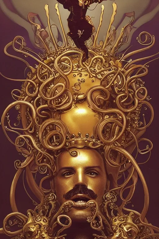 Image similar to Freddy mercury from queen, a golden crown floating above his head, tentacles coming out the ground art by Artgerm and Greg Rutkowski and Alphonse Mucha and Craig Mullins and James Jean and Andrei Riabovitchev and Marc Simonetti and peter mohrbacher, sharp focus, ominous, cosmic horror, trending on artstation, Ultra detailed, hyper realistic 4k