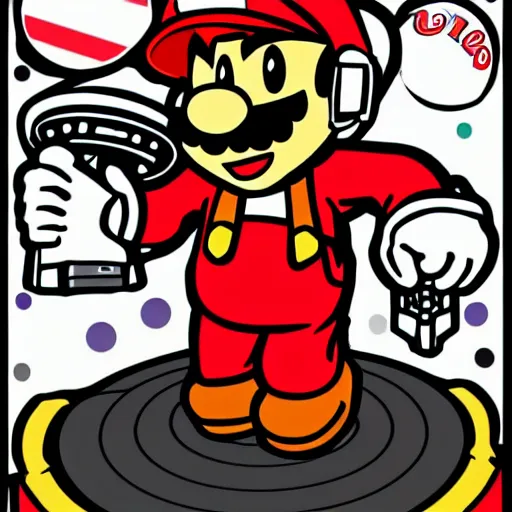 Image similar to svg sticker of a Pop-Wonder SuperMario, Mario-Wearing-a-red-hat, at a rave, spinning records, giant headphones rocking out, wearing headphones, huge speakers, dancing, rave, DJ, spinning records, digital art, amazing composition, rule-of-thirds, award-winning, trending on artstation, featured on deviantart