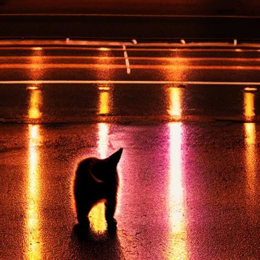 Prompt: fluffy cat crossing the street at night, after rain, reflecting lights, photograph