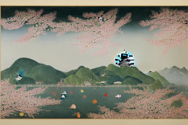 Image similar to an ultradetailed landscape painting of westlake in china hangzhou, pagodas on hills, osmanthus blossoms nearby, fine wind, chinese water color, smooth, sharp focus, illustration, by hilma af klint, 8 k