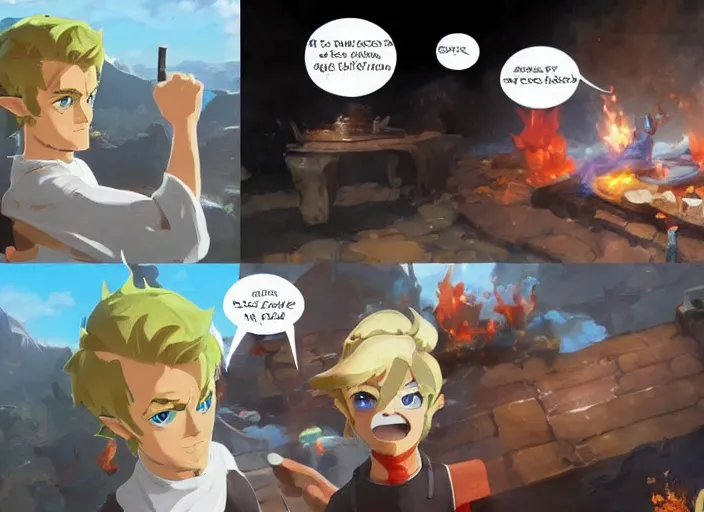 Image similar to gordon ramsey yelling at link from zelda for cooking burnt food in the style of breath of the wild, artstation krenz cushart, makoto shinkai