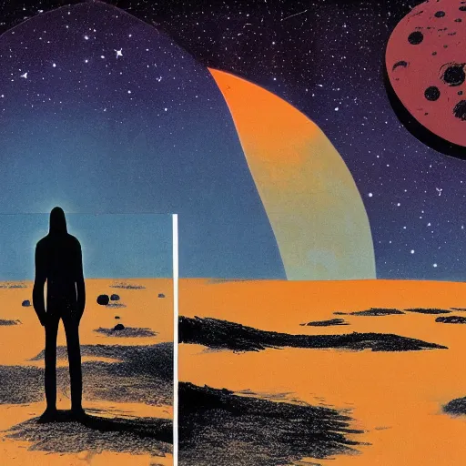 Image similar to 1970s sci-fi comic book art of a silhouette cloaked man standing in the middle of an empty desert, in front of the moon and nebula galaxy stars, beautiful hues of orange, purple and blue, illustrated by Roger Dean