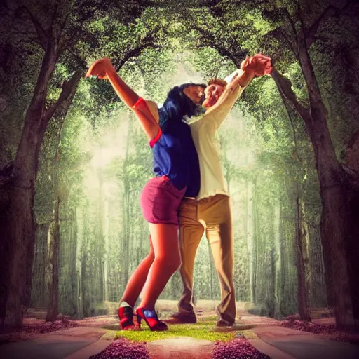 Image similar to a giantess man with a giant woman dancing together, enormous, big, photoshop, photo manipulation, trees, houses, street, hearts