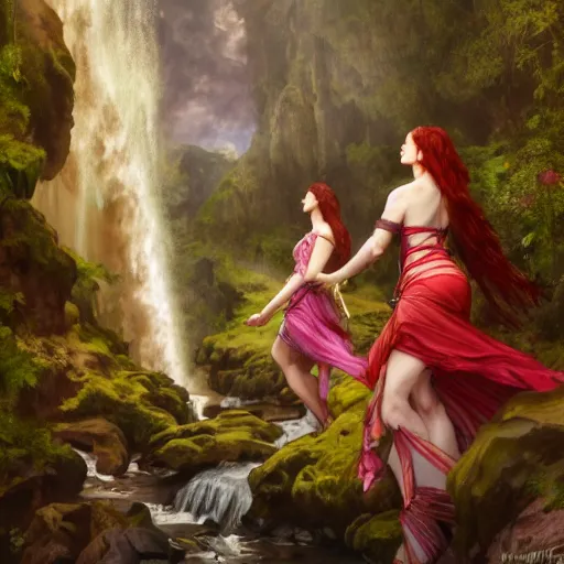 Prompt: an extremely detailed portrait of four polyamorous red haired vampire queens wearing bright multi colored dresses and dancing in a cave behind a waterfall, epic fantasy, viewed in profile from far away, sharp focus, detailed face, art by greg rutkowski and alphonse mucha, volumetric lighting, 4 k resolution, trending on artstation, masterpiece