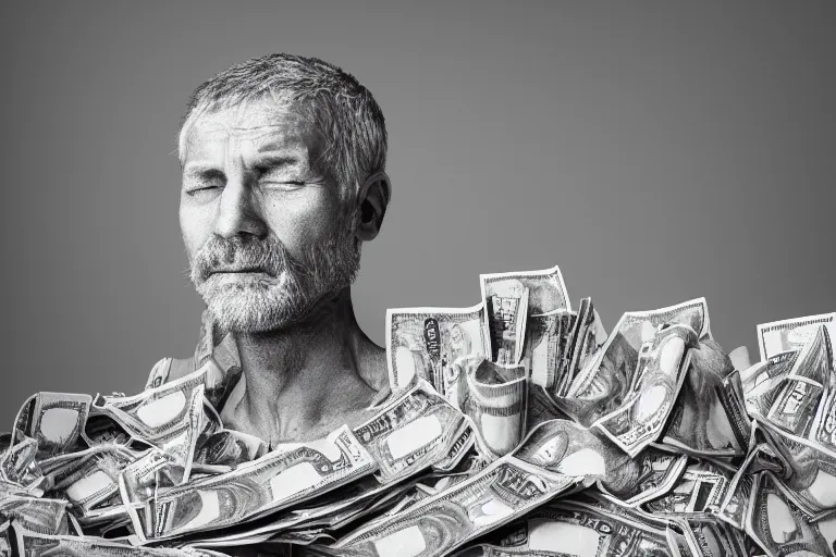 Image similar to a greedy man, sitting on a throne of money, studio photography, 3 5 mm lens, digital art, 8 k