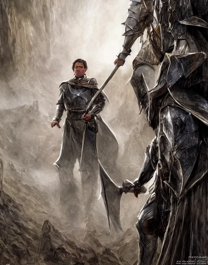 Image similar to A detailed realistic full body image of Steven Colbert in Lord Of The Rings human battle armor at the battle of Helm\'s Deep, gritty, ethereal hollywood film, high detail Impressionist style, dreamy light color palette, style of war, concept art stunning atmosphere, trending on artstation, volumetric light