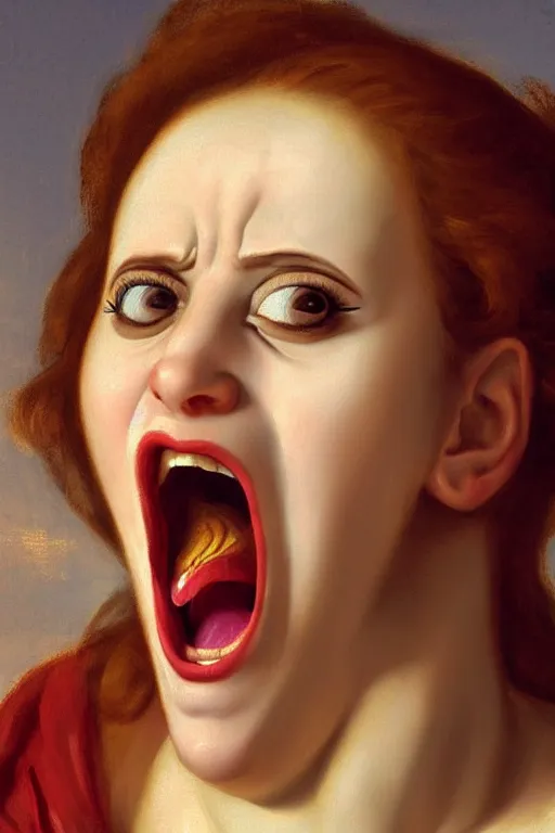 Image similar to beautiful woman, screaming face, closeup, dressed in roman clothes, ultra detailed, art by Guido Reni style